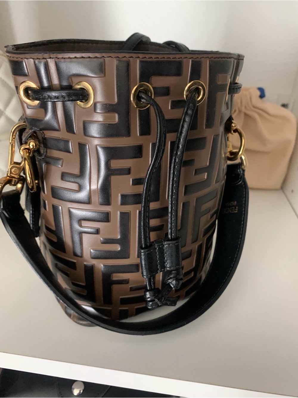 Fendi Brown & Black FF Logo Bucket Crossbody - Picture 1 of 4
